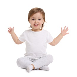 Photo of Cute little baby girl on white background