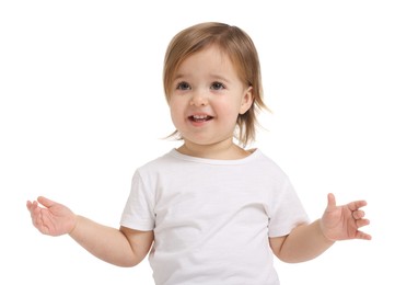 Photo of Cute little baby girl on white background