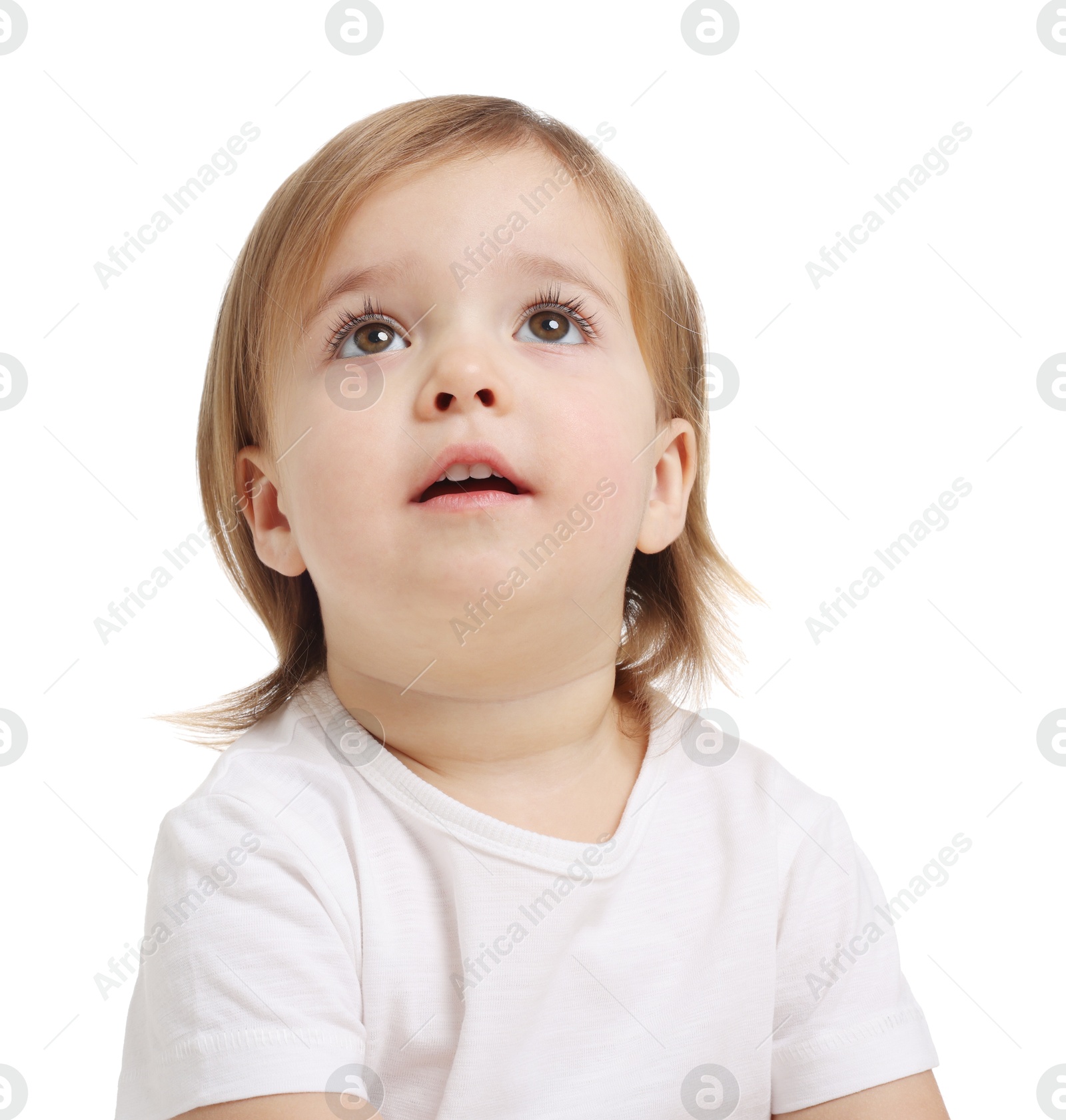 Photo of Cute little baby girl on white background