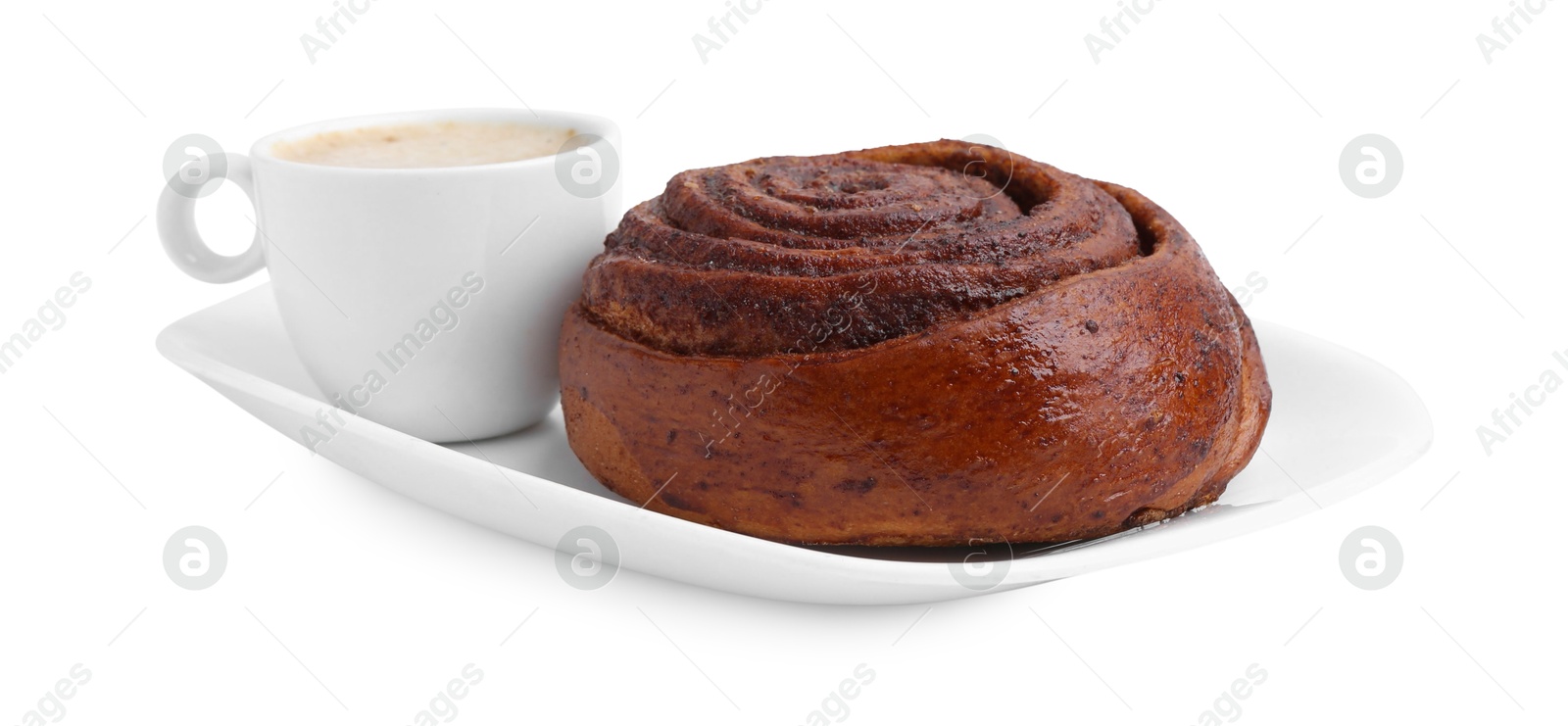 Photo of Delicious cinnamon roll and cup of coffee isolated on white