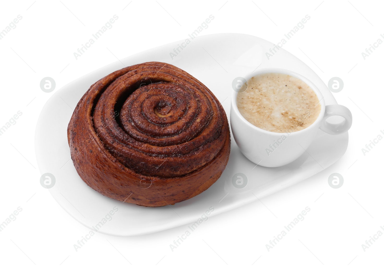 Photo of Delicious cinnamon roll and cup of coffee isolated on white