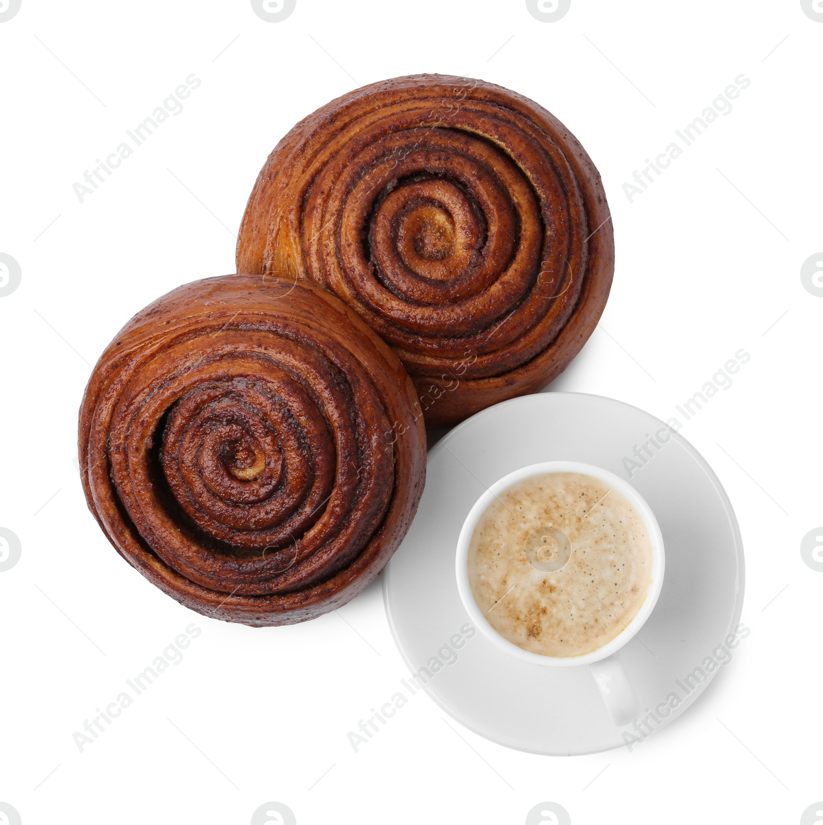 Photo of Delicious cinnamon rolls and cup of coffee isolated on white, top view