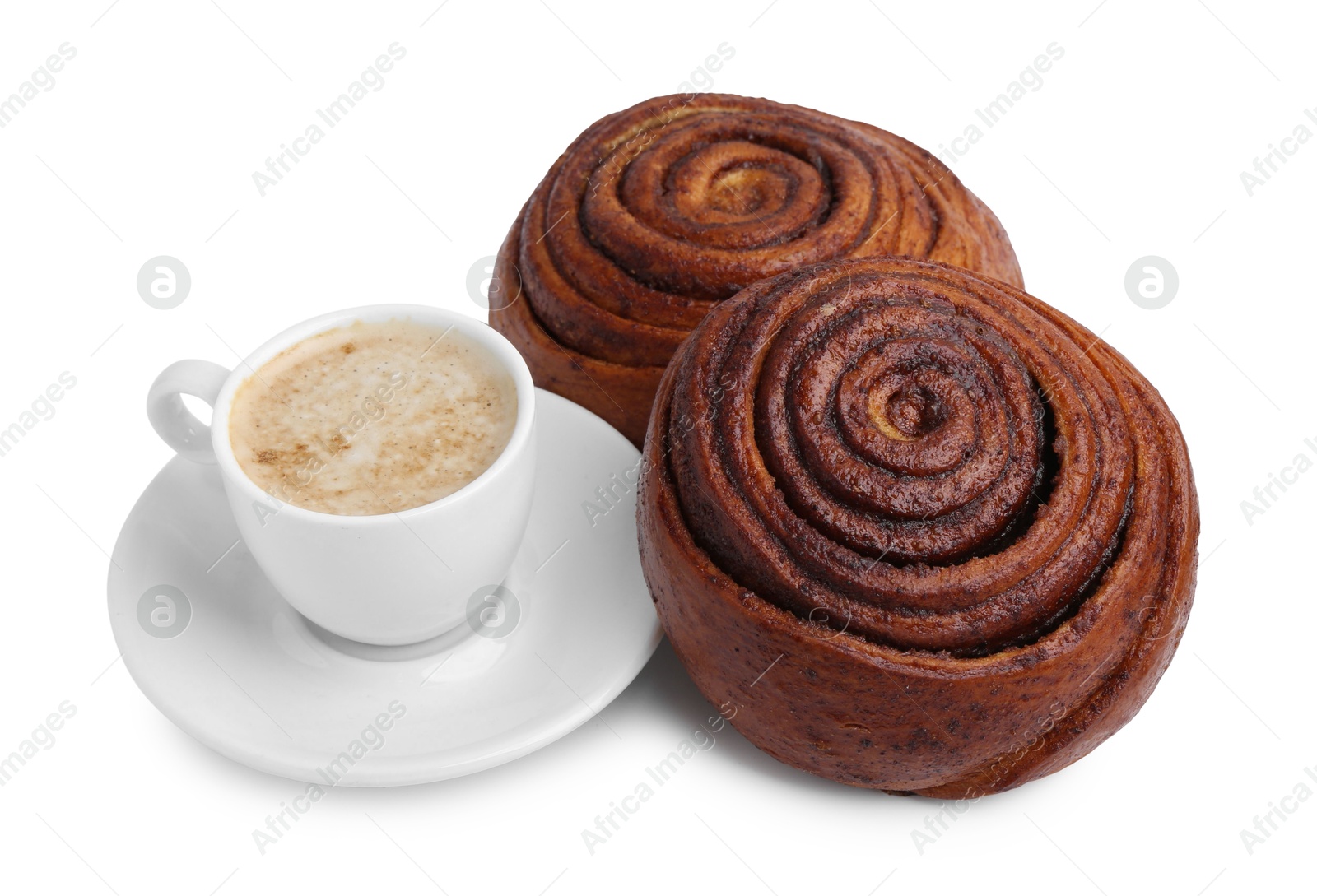 Photo of Delicious cinnamon rolls and cup of coffee isolated on white