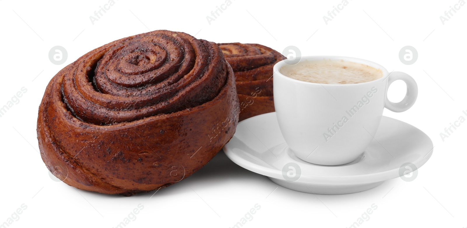 Photo of Delicious cinnamon rolls and cup of coffee isolated on white