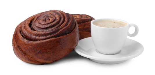 Photo of Delicious cinnamon rolls and cup of coffee isolated on white