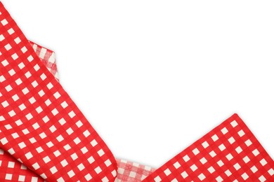 Photo of Red checkered tablecloth isolated on white, top view