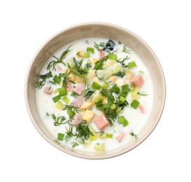 Photo of Delicious okroshka soup in bowl isolated on white, top view