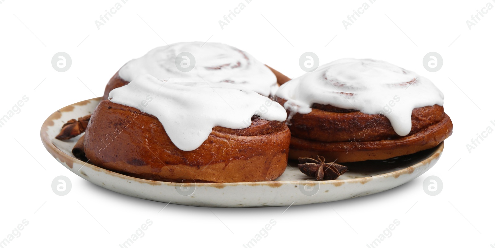 Photo of Tasty cinnamon rolls with cream and spices isolated on white