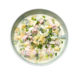 Photo of Delicious okroshka soup in bowl isolated on white, top view