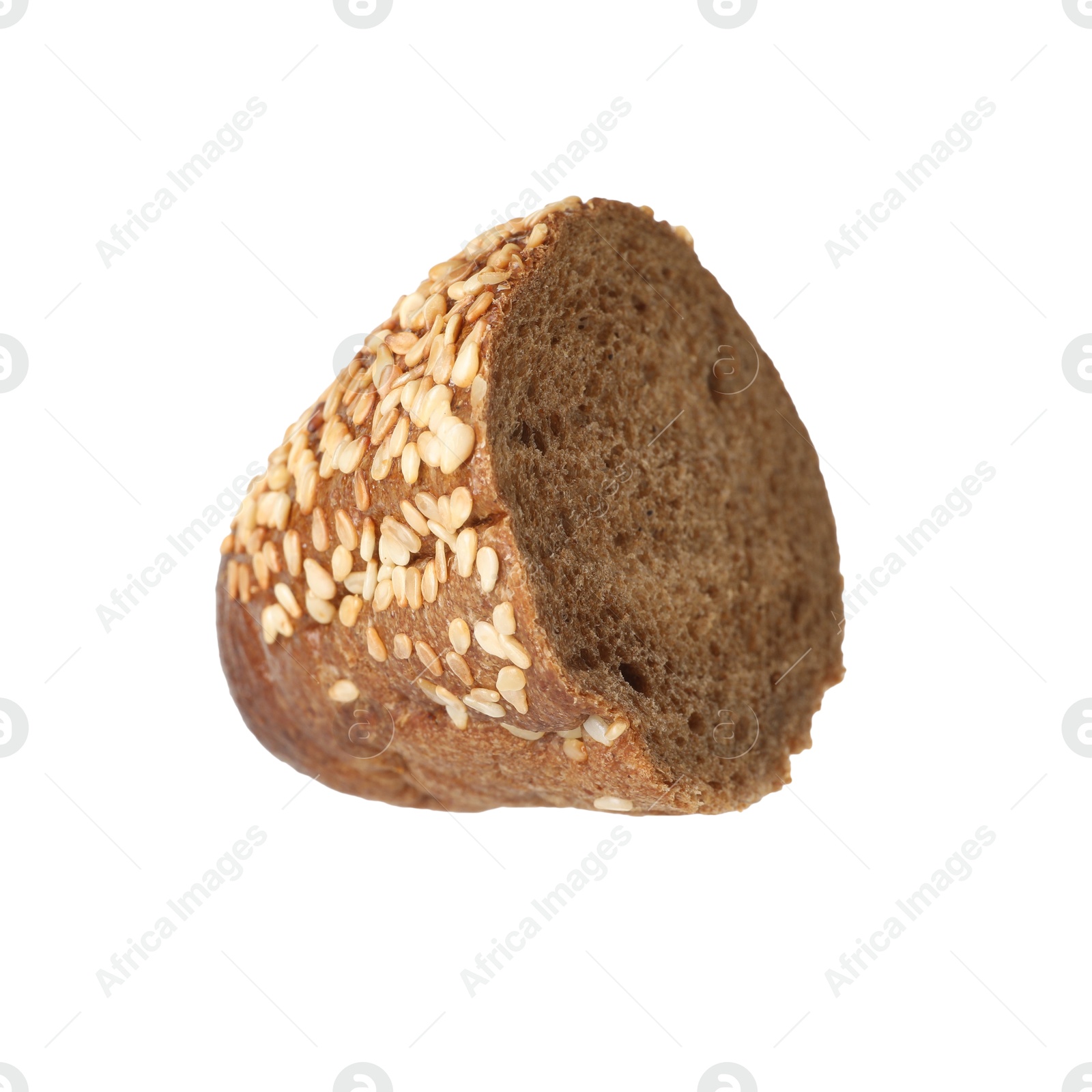 Photo of Piece of fresh baguette with sesame isolated on white