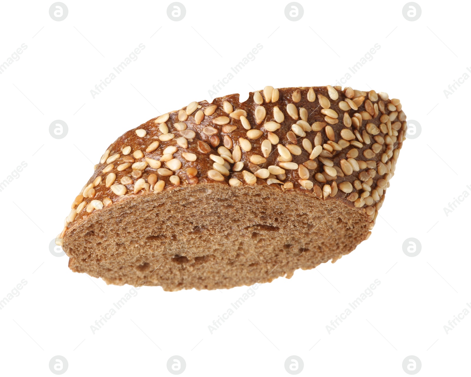 Photo of Piece of fresh baguette with sesame isolated on white