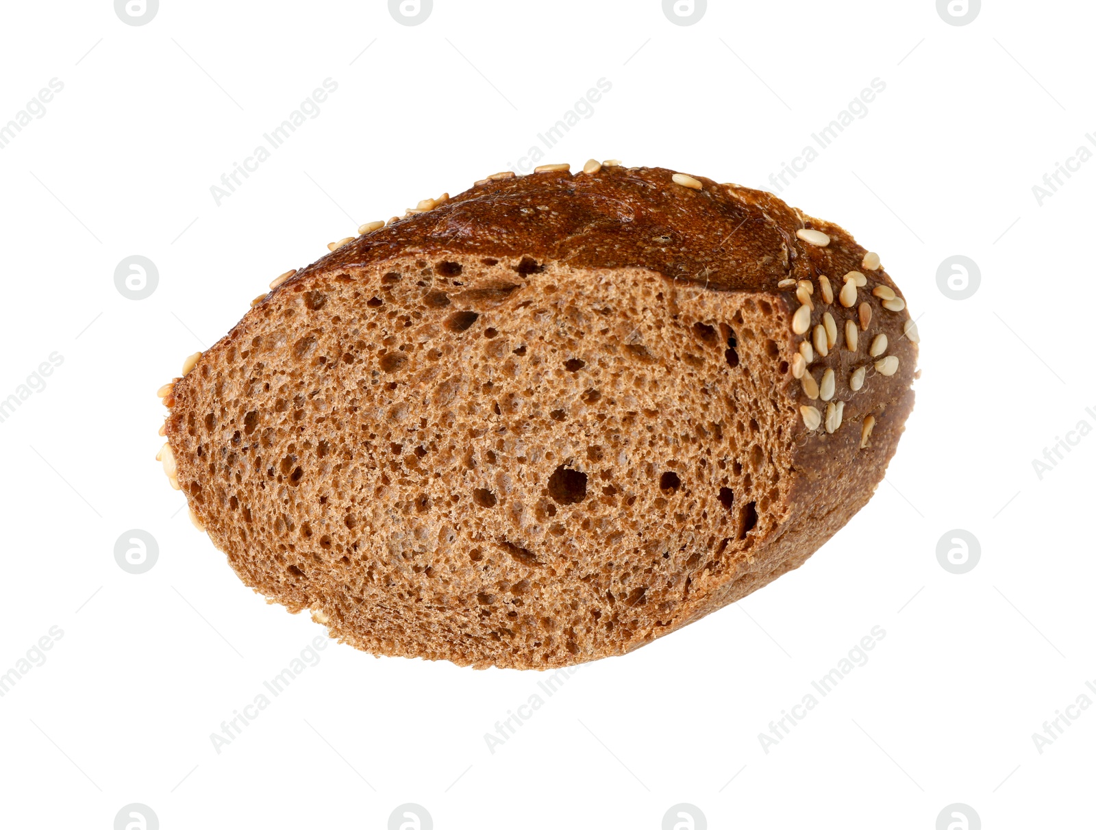 Photo of Piece of fresh baguette with sesame isolated on white