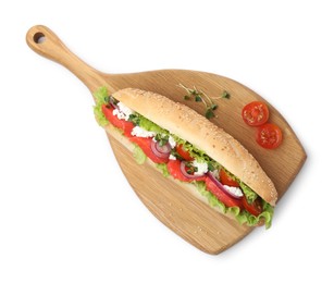 Photo of Delicious baguette sandwich with salmon isolated on white, top view