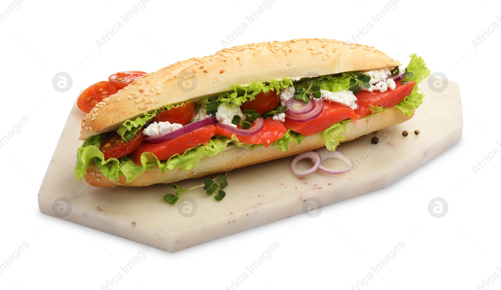 Photo of Delicious baguette sandwich with salmon isolated on white