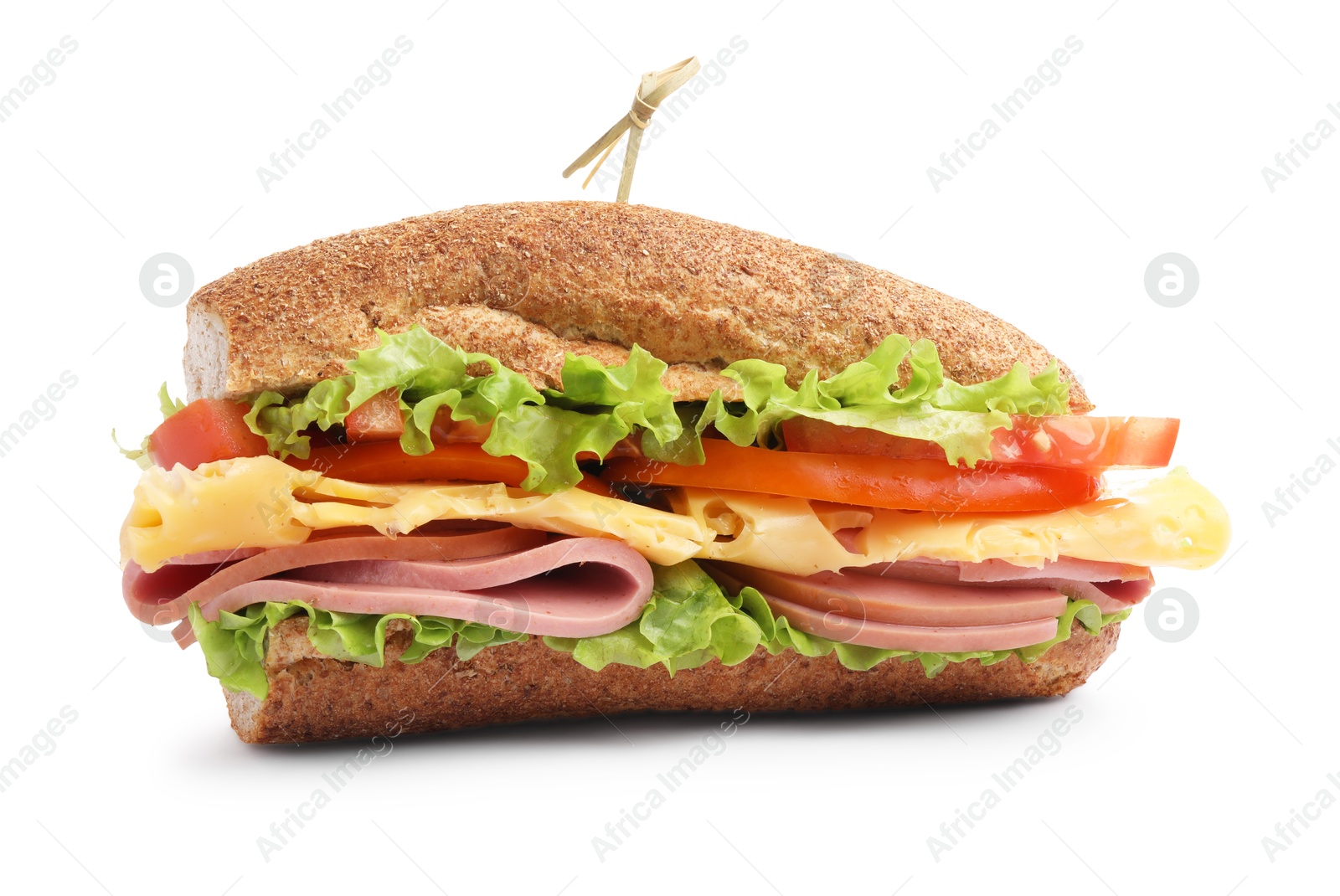 Photo of Delicious baguette sandwich with ham isolated on white