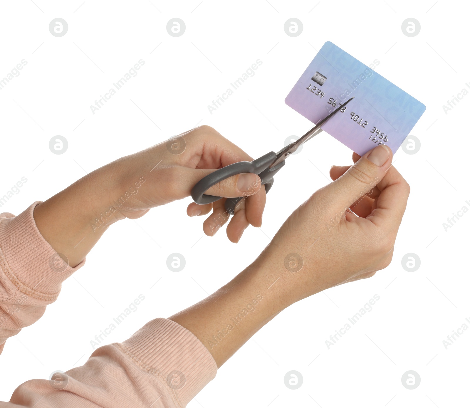 Photo of Woman cutting credit card on white background, closeup