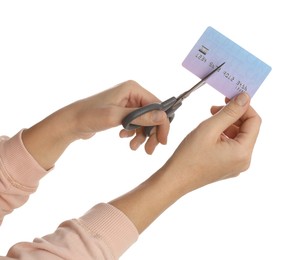 Photo of Woman cutting credit card on white background, closeup