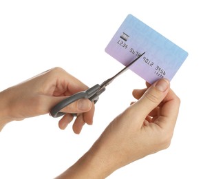 Photo of Woman cutting credit card on white background, closeup