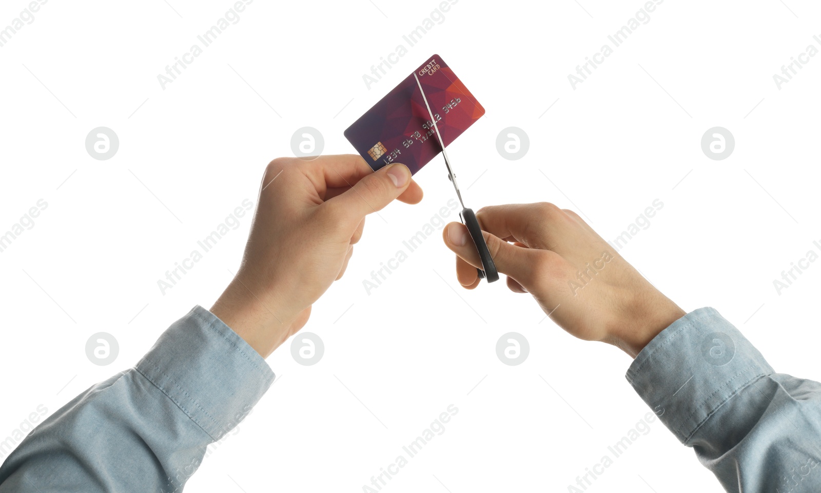 Photo of Woman cutting credit card on white background, closeup