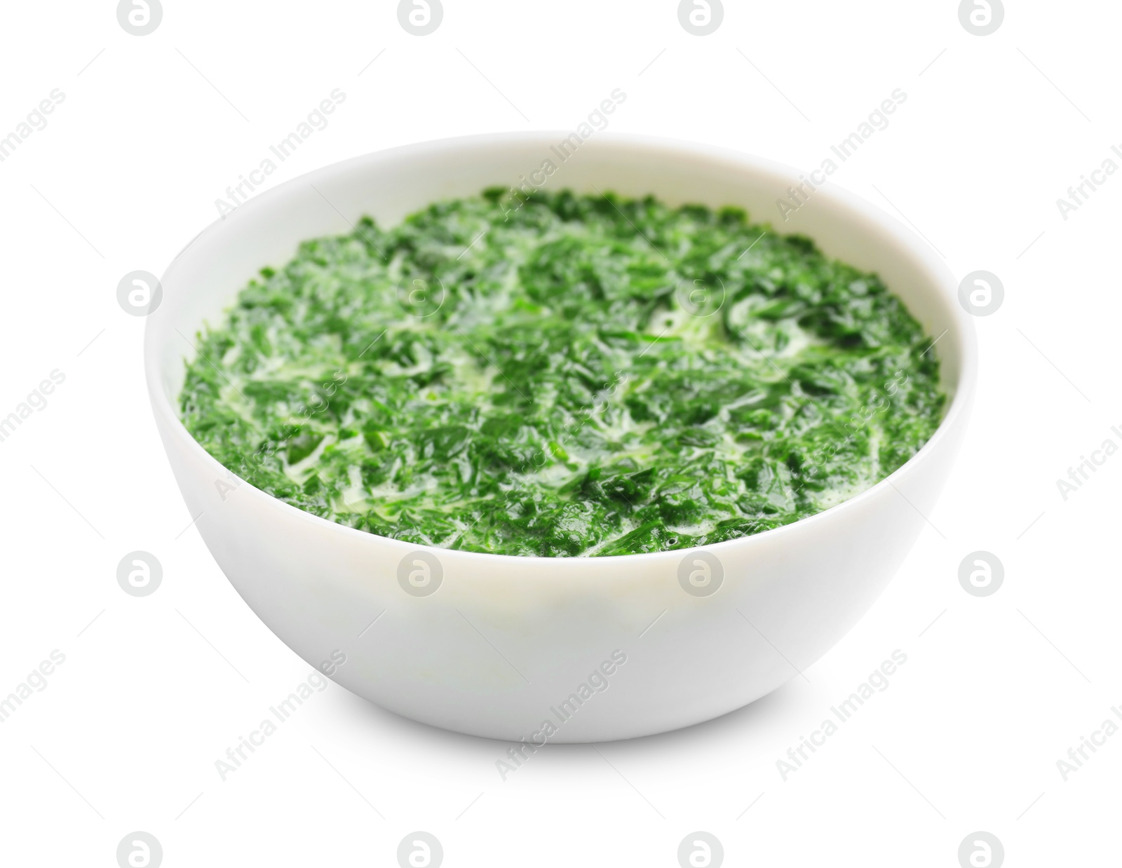 Photo of Delicious spinach sauce in bowl isolated on white