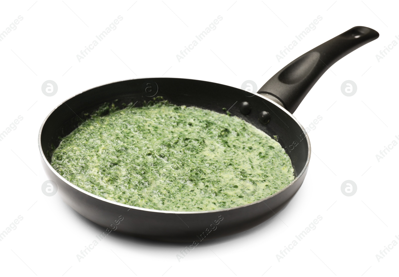 Photo of Delicious spinach sauce in frying pan isolated on white