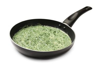 Delicious spinach sauce in frying pan isolated on white