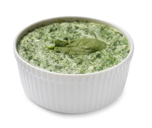 Delicious spinach sauce in bowl isolated on white