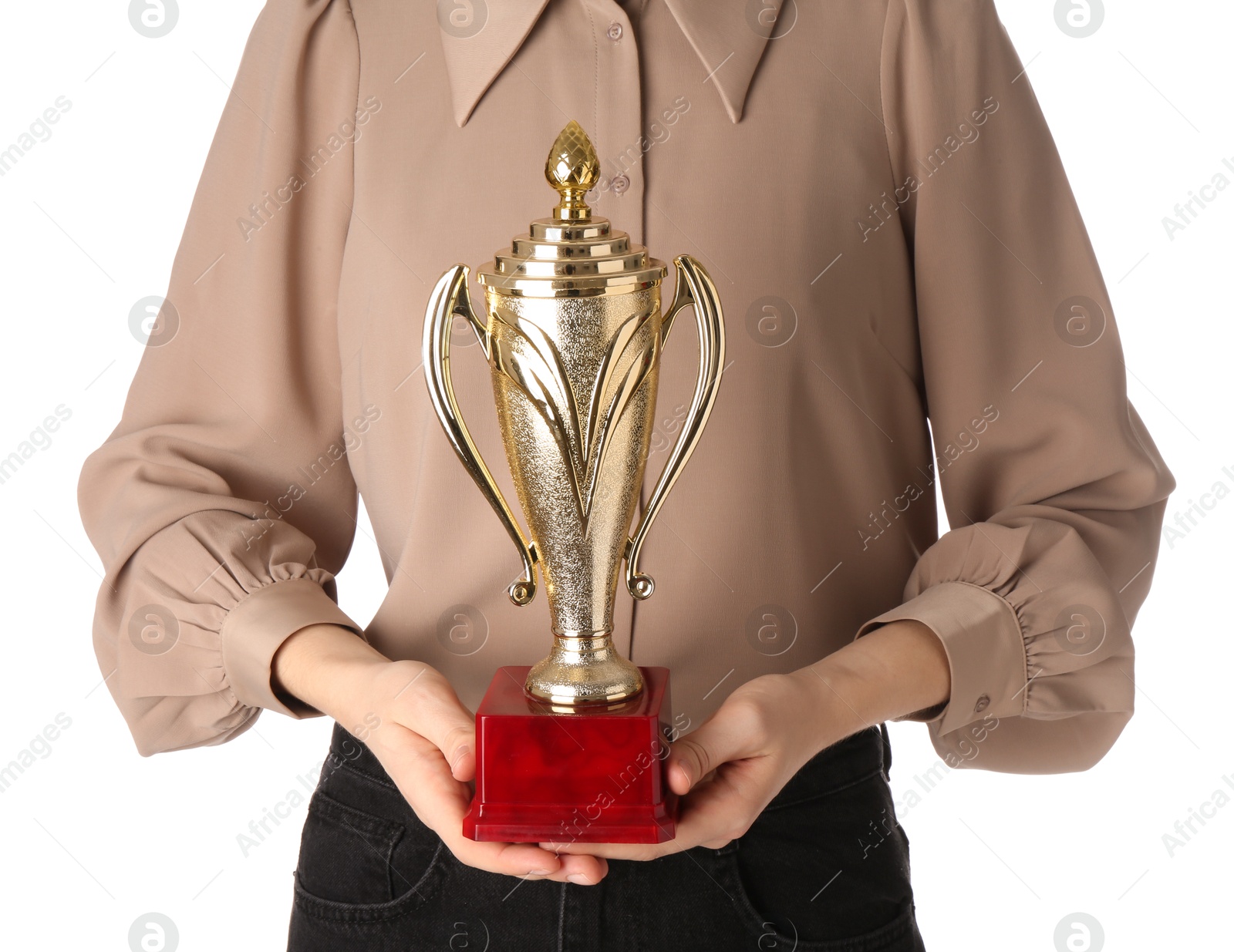 Photo of Woman with golden trophy cup on white background, closeup