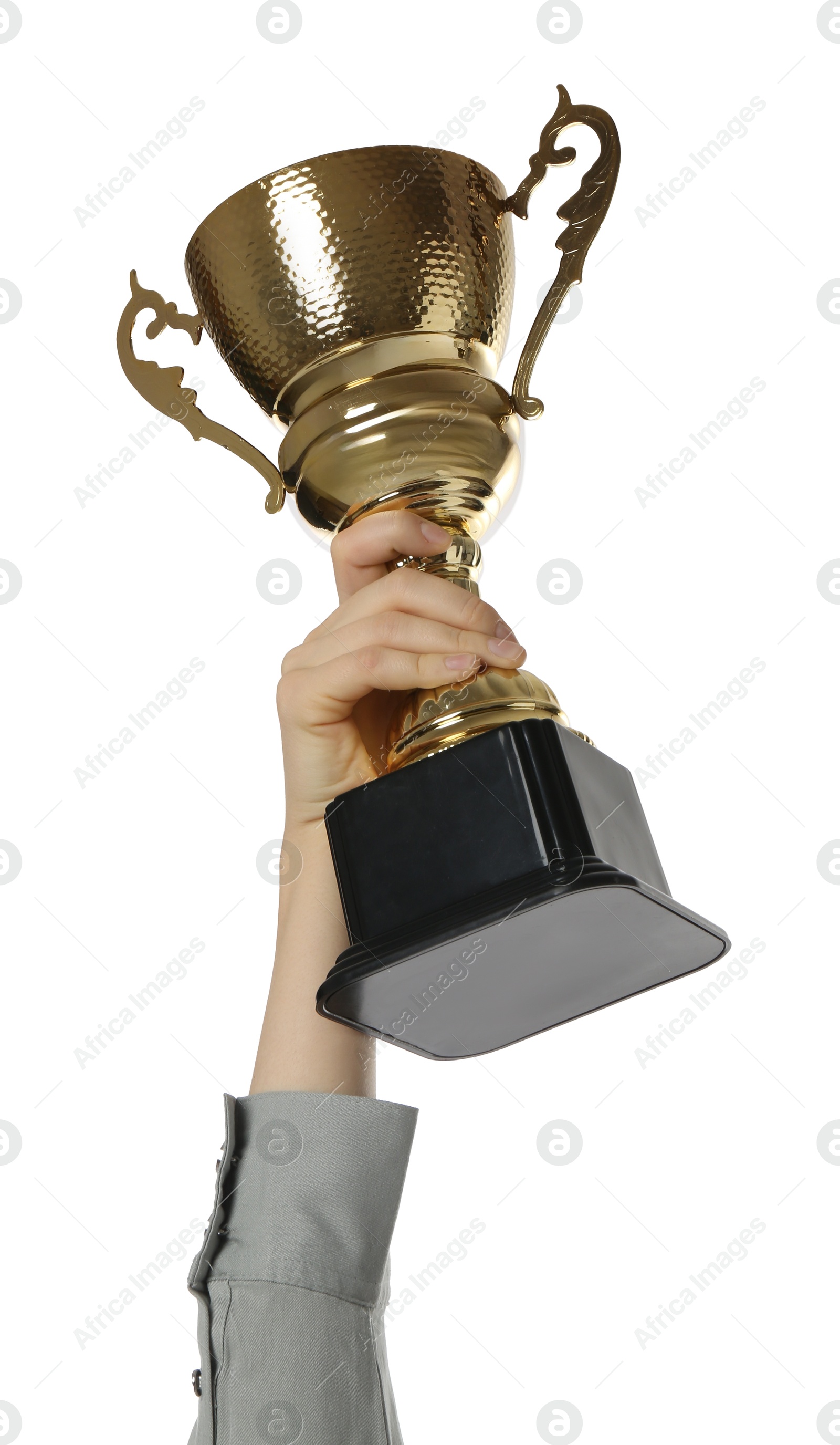 Photo of Woman with golden trophy cup on white background, closeup