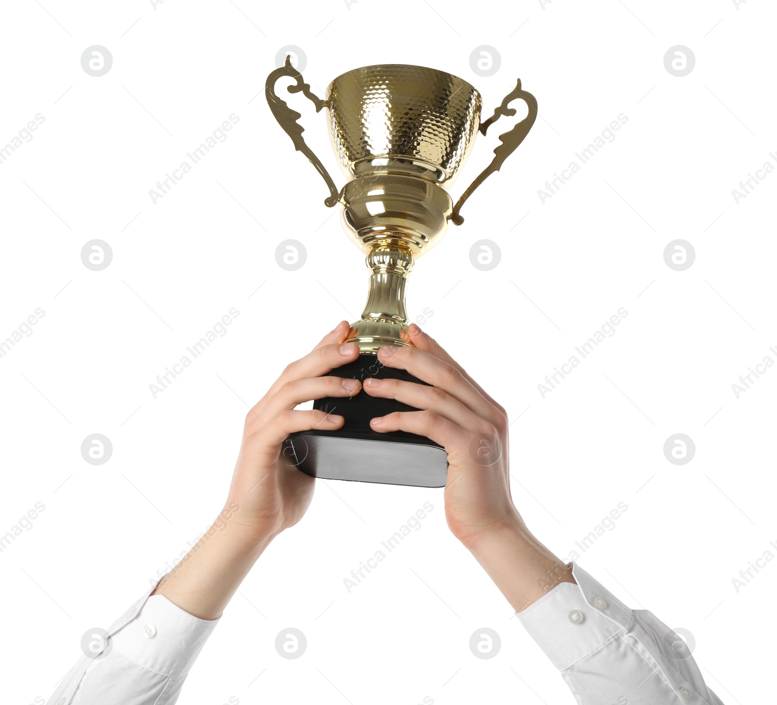 Photo of Man with golden trophy cup on white background, closeup