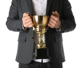 Man with golden trophy cup on white background, closeup