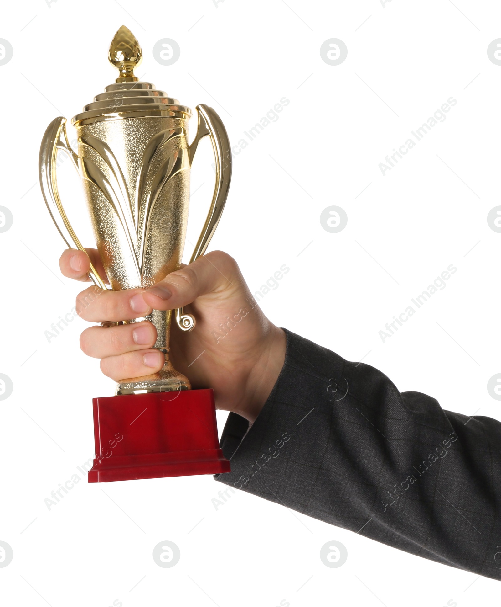 Photo of Man with golden trophy cup on white background, closeup