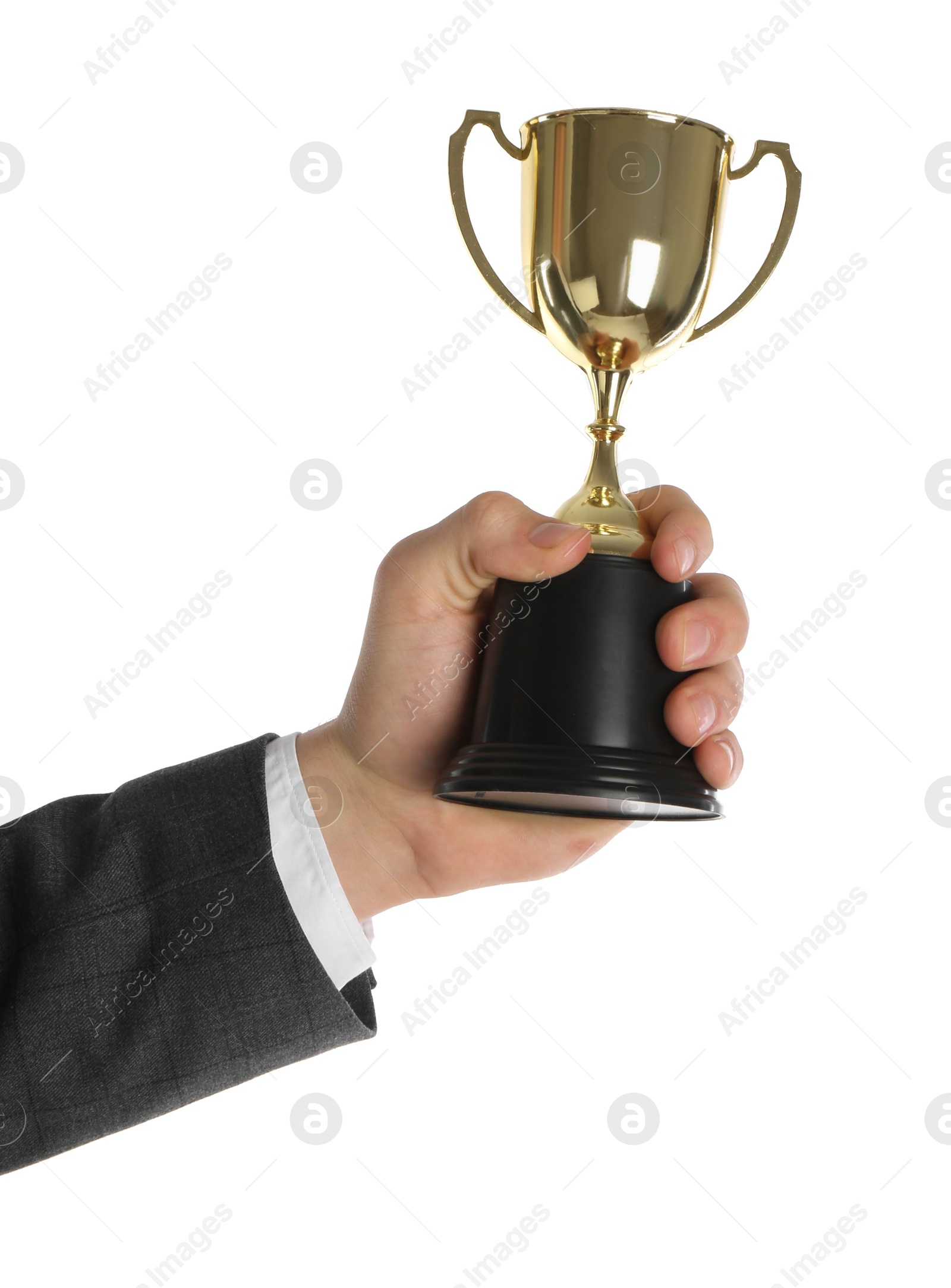 Photo of Man with golden trophy cup on white background, closeup