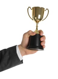 Photo of Man with golden trophy cup on white background, closeup