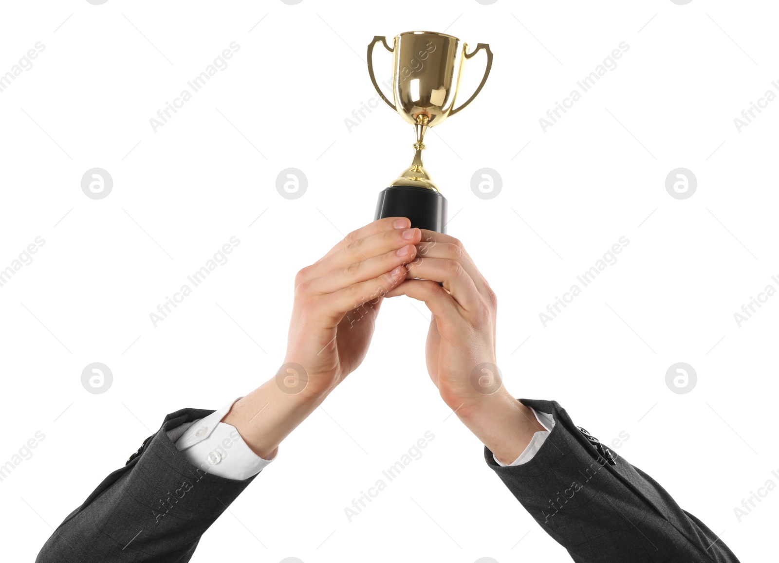 Photo of Man with golden trophy cup on white background, closeup