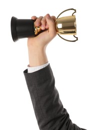 Man with golden trophy cup on white background, closeup