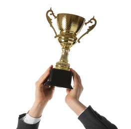 Photo of Man with golden trophy cup on white background, closeup