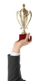 Photo of Man with golden trophy cup on white background, closeup