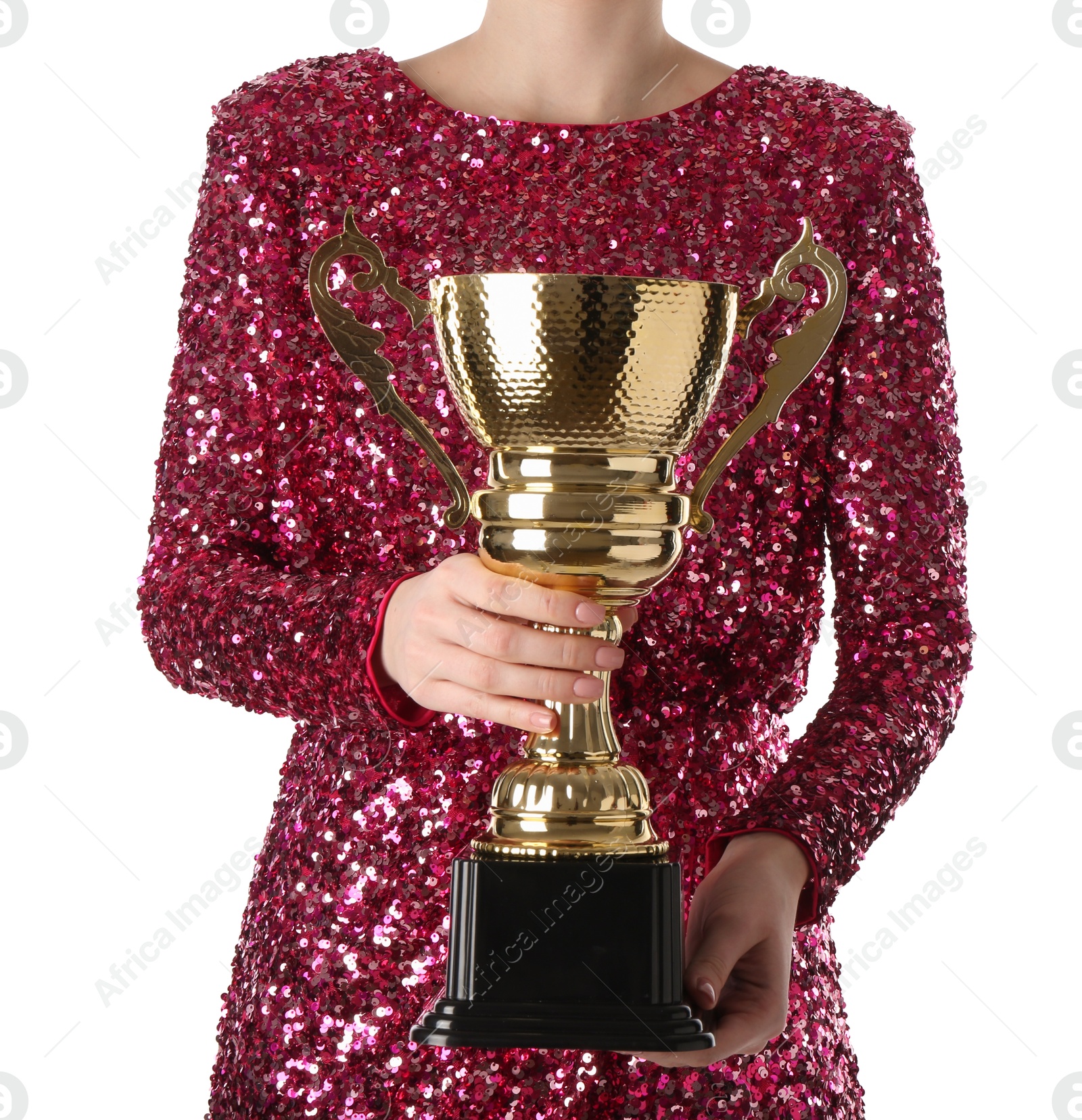 Photo of Woman with golden trophy cup on white background, closeup