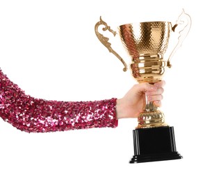 Woman with golden trophy cup on white background, closeup