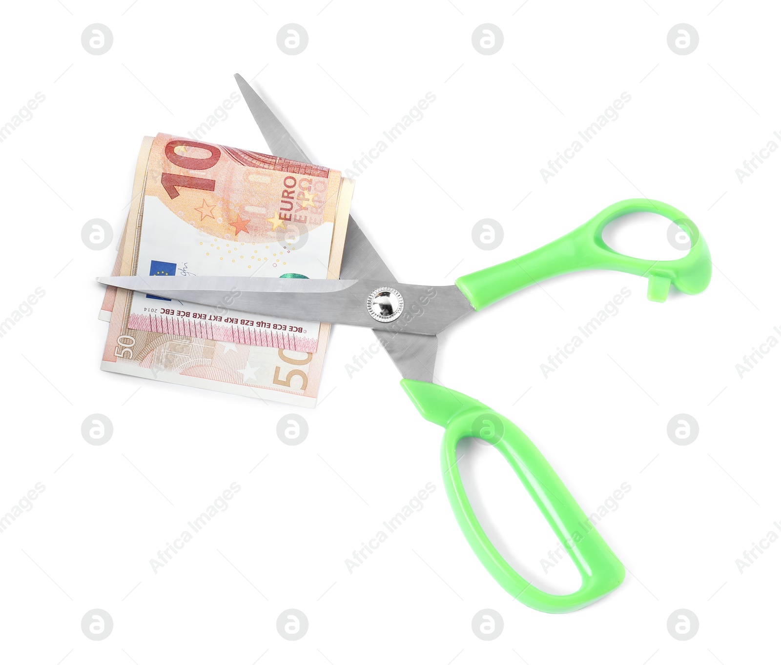 Photo of Euro banknotes and scissors isolated on white, top view