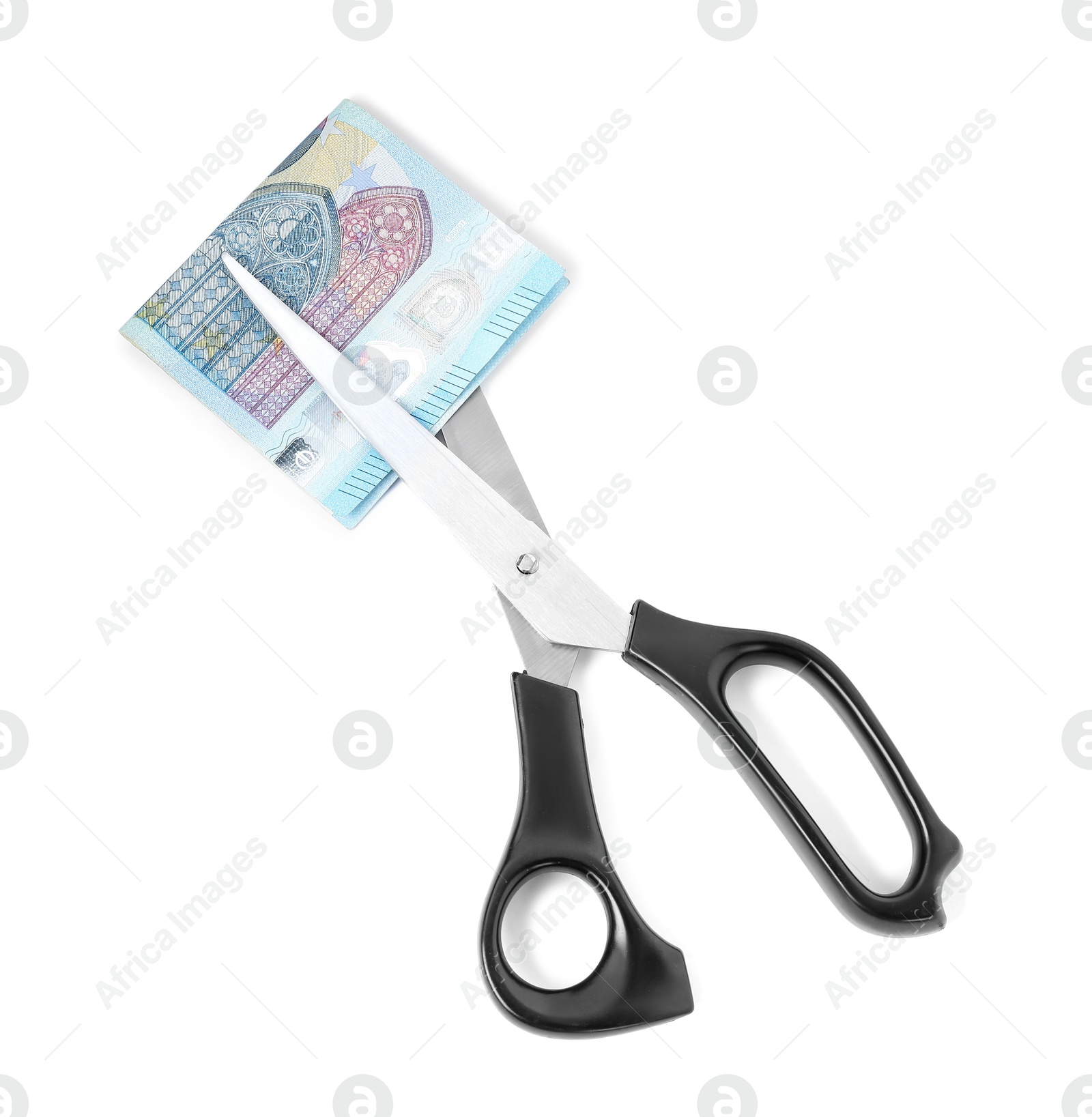 Photo of Scissors with euro banknote isolated on white, top view