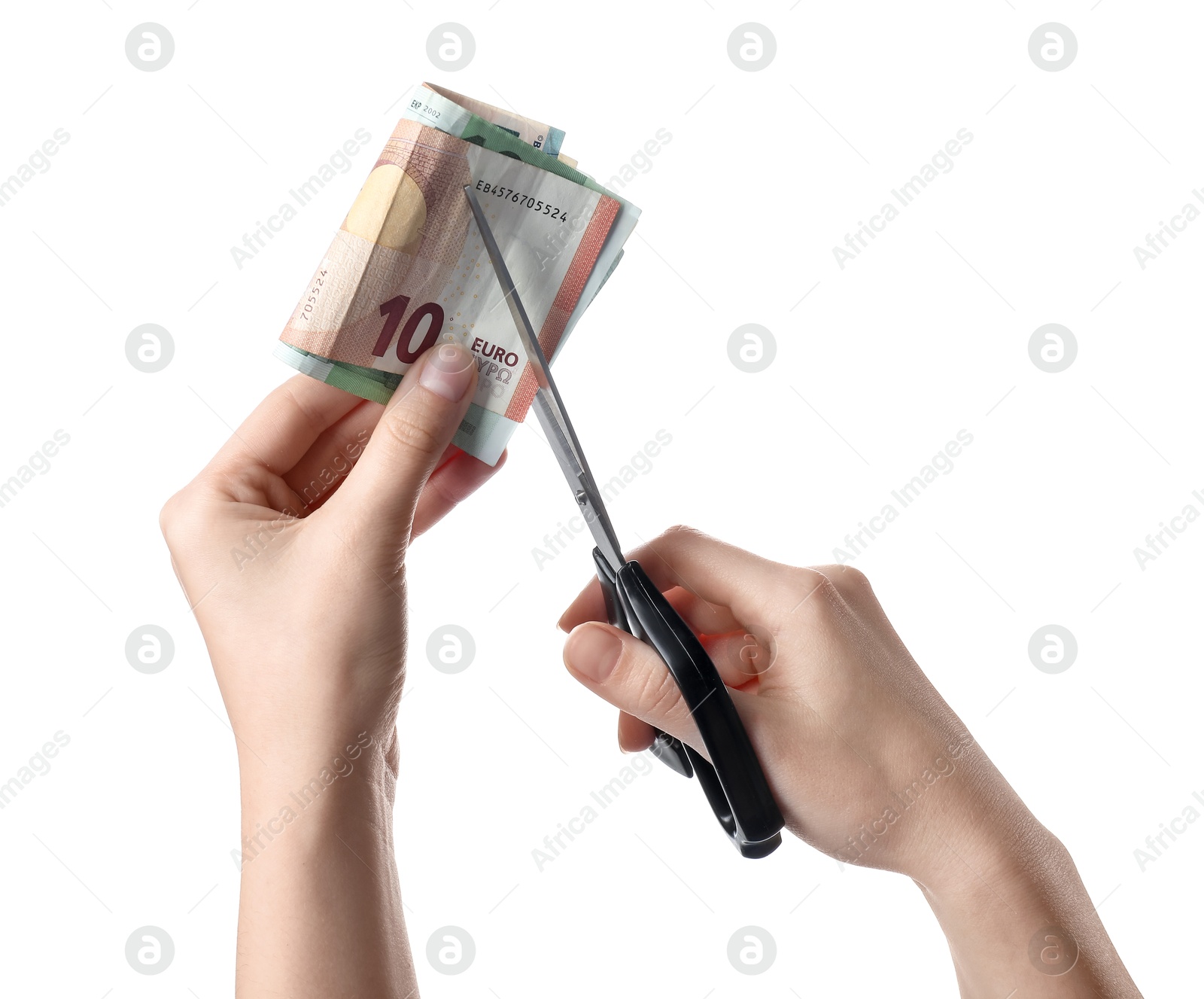 Photo of Woman cutting euro banknotes on white background, closeup