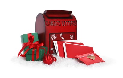 Photo of Santa Claus mail box with letters, gifts and artificial snow isolated on white. Christmas tradition