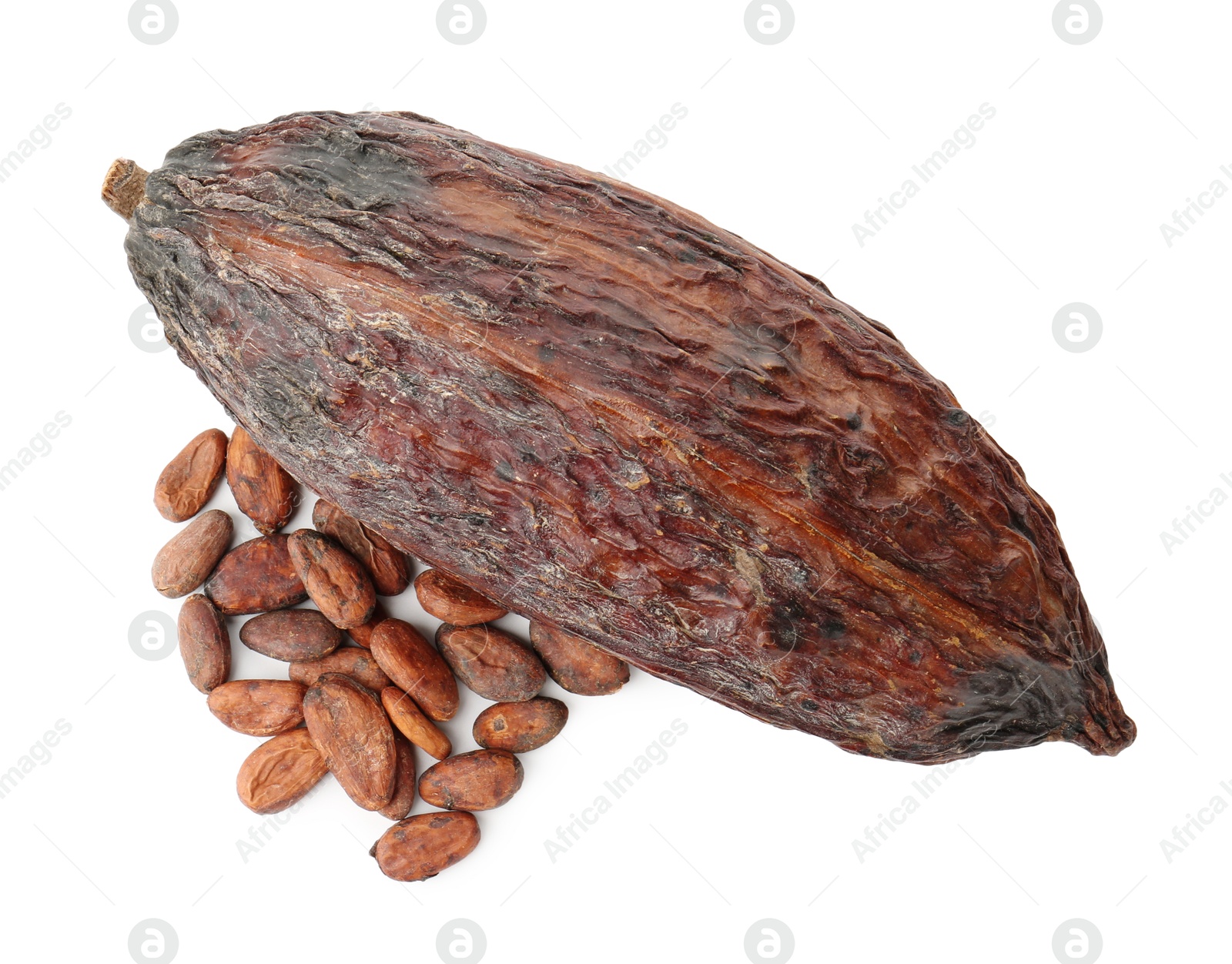 Photo of Cocoa pod and beans isolated on white, top view