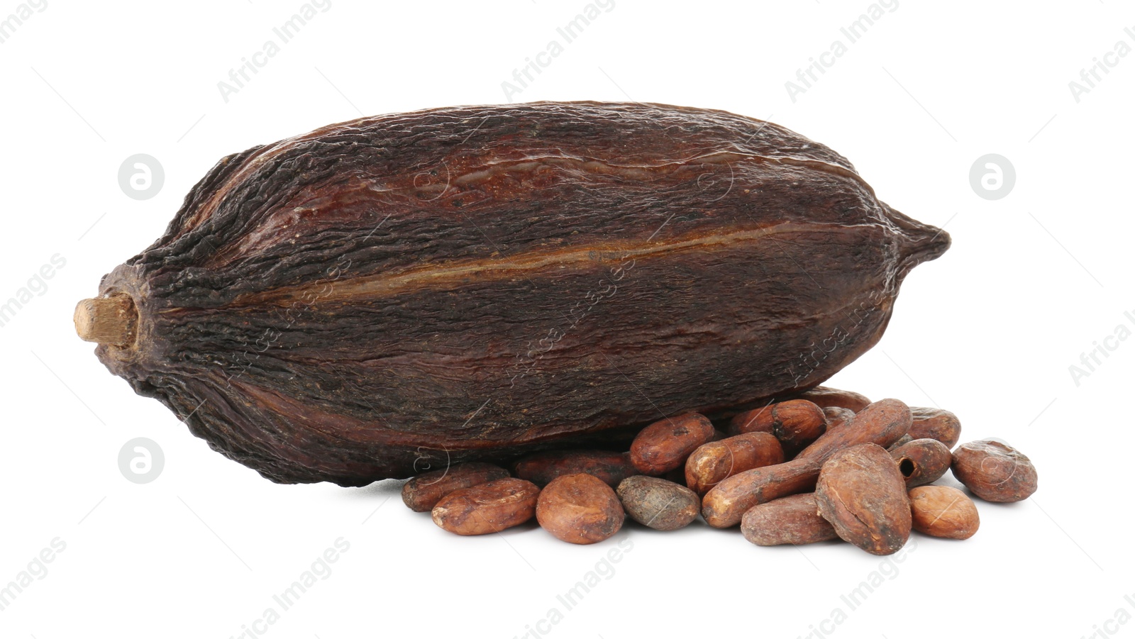 Photo of Cocoa pod and beans isolated on white