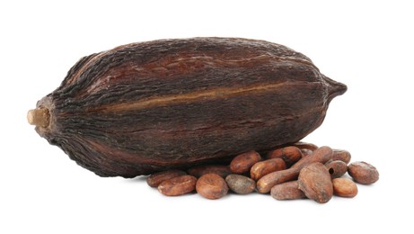 Photo of Cocoa pod and beans isolated on white