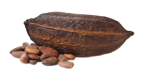 Photo of Cocoa pod and beans isolated on white