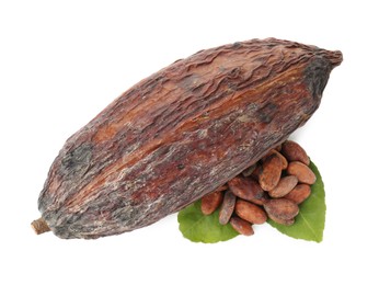 Photo of Cocoa pod, beans and leaves isolated on white, top view