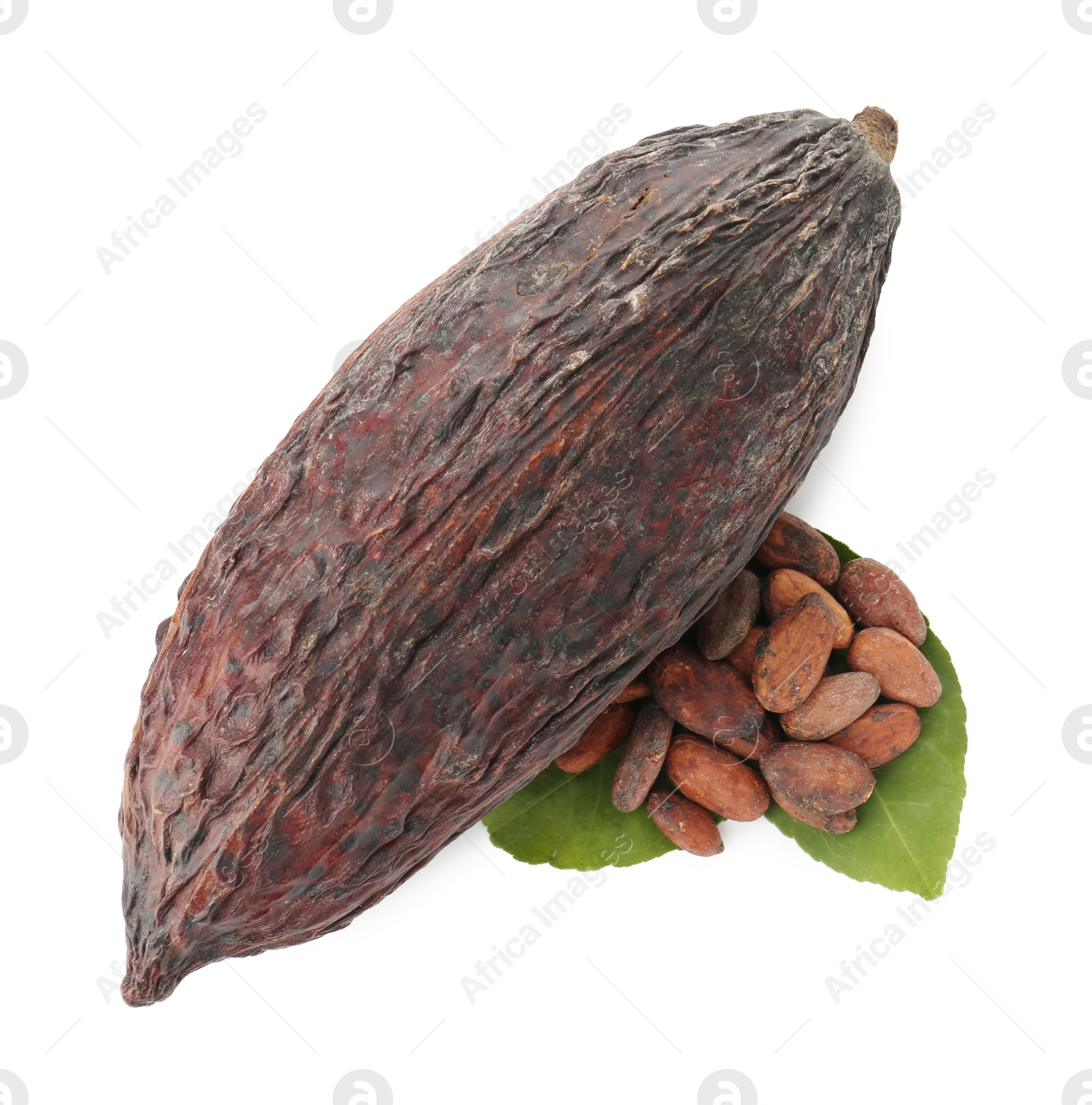 Photo of Cocoa pod, beans and leaves isolated on white, top view